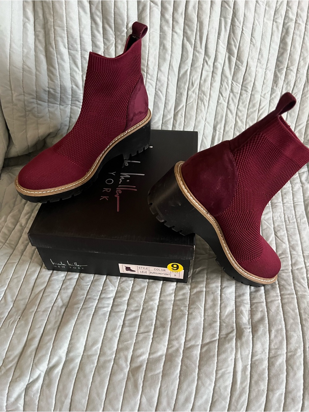 Nicole Miller Burgundy Knit Chelsea Lug Booties